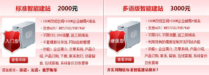 標準智能建站2000元，多語版智能建站3000元100M雙線空間+100M企業(yè)郵局+域名·支持ASP/.NET/CGI/PHP/WAP·不限IIS,不限流量。智能建站系統(tǒng)“魔方”價格介紹! 熱線電話：400-697-8610 01062199213